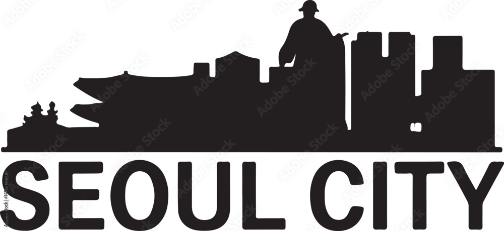 Obraz premium Seoul City Skyline SilhouetteTraditional Seoul Temple VectorN Seoul Tower Minimalist ArtSeoul at Night CityscapeKorean Architecture Silhouette Design