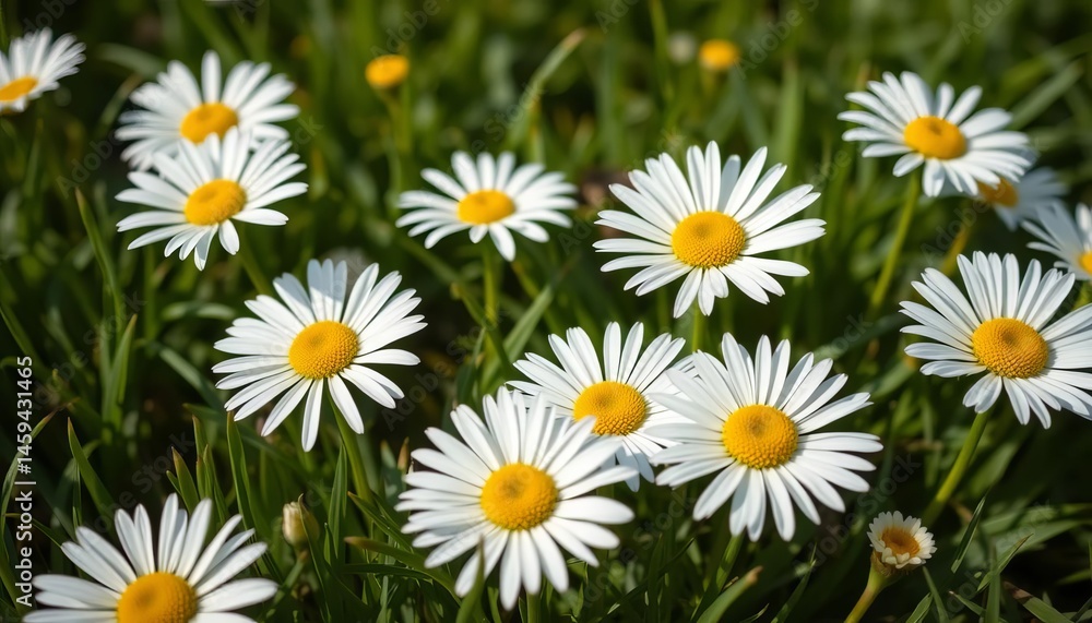 Close-up of cheerful daisies blooming abundantly on a vibrant green spring lawn, plant, summer Close-up of cheerful daisies blooming abundantly on a vibrant green spring lawn, plant, summer