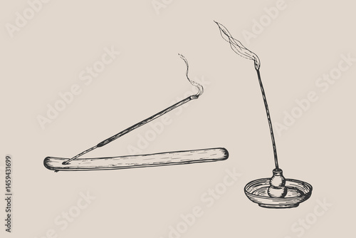 Incense stick on a wooden stand drawing illustration set. Aromatherapy scented Spa stick sketch engraving style vector. Hand drawn line art clipart