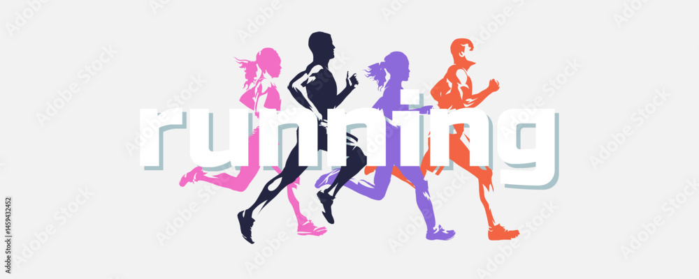 Marathon run. Group of running people, men and women. Isolated vector silhouettes