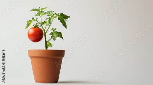 A single fresh tomato growing in a small terracotta pot on a white background, symbolizing organic gardening.