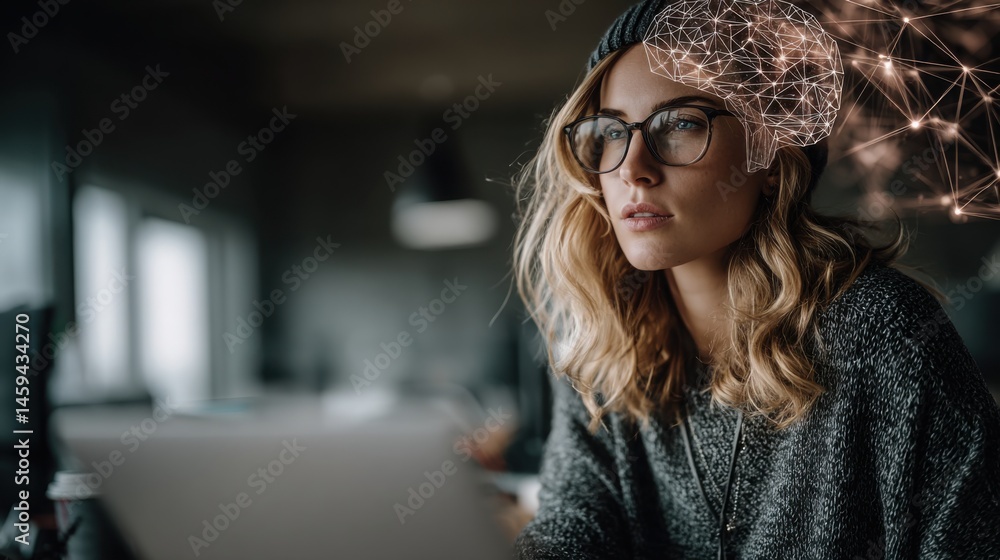 Woman working on a laptop with a brain model, exploring innovative ideas and testing values in a modern office Woman working on a laptop with a brain model, exploring innovative ideas and testing values in a modern office