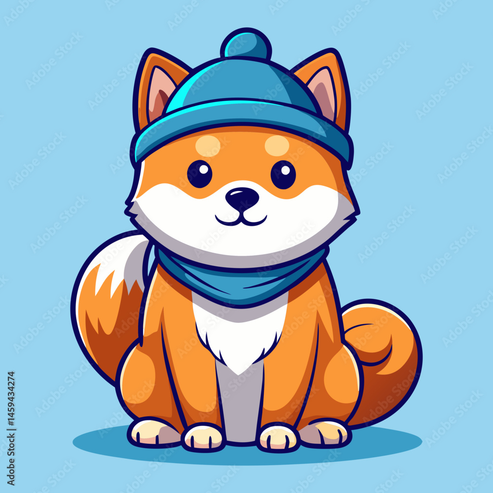 Fototapeta premium Download Cute Shiba Inu Dog Winter Sitting With Beanie Hat Cartoon Vector Icon Eps File For Design.