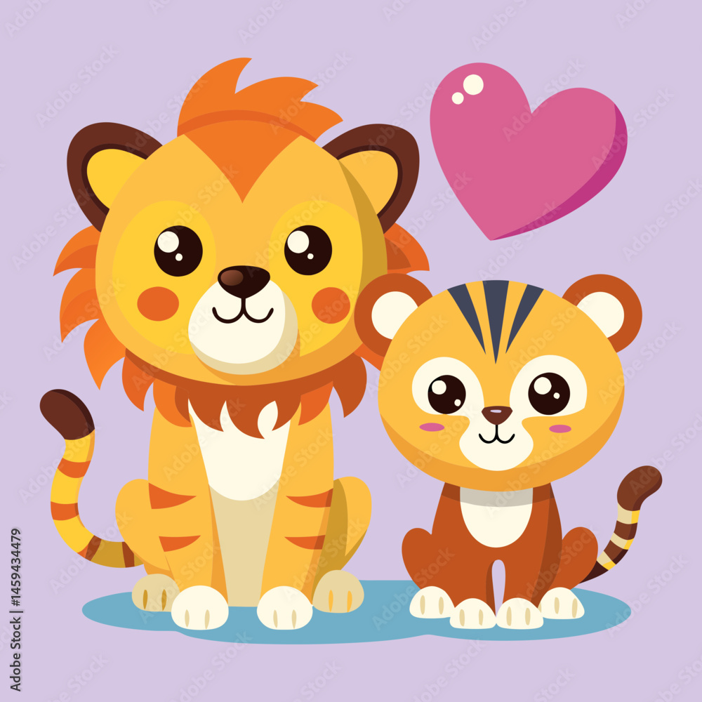 Obraz premium Download Cute Lion And Tiger Couple With Love Heart Tail Cartoon Vector Eps File For Design.