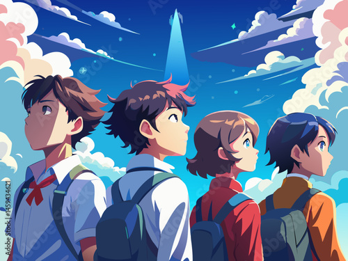 A beautifully stylized anime-inspired vector illustration of five high school students standing side by side, gazing up at a bright,