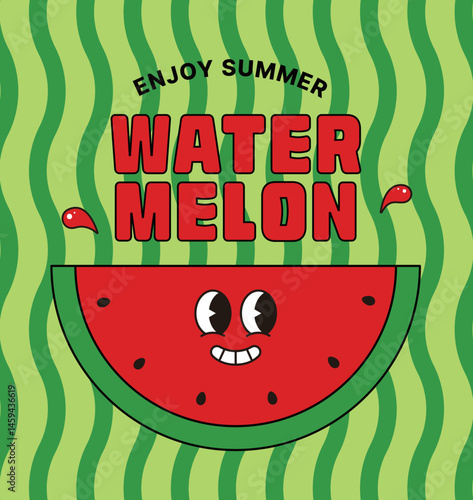 Bright and playful watermelon illustration with a cheerful smile, vibrant colors, and bold summer typography. Perfect for seasonal promotions, merchandise, and fun marketing campaigns.