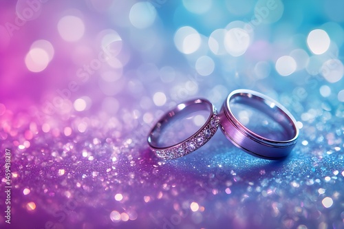 Wallpaper Mural A pair of sparkling wedding rings on an aqua purple background seen from above highlight elegance and eternal bonding Torontodigital.ca