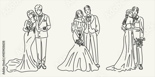 Set of minimalist line drawing wedding couple groom and bride in elegant poses. Whimsical ink sketch wedding ceremony marriage people. Perfect for invitations, greeting cards, romantic wall print
