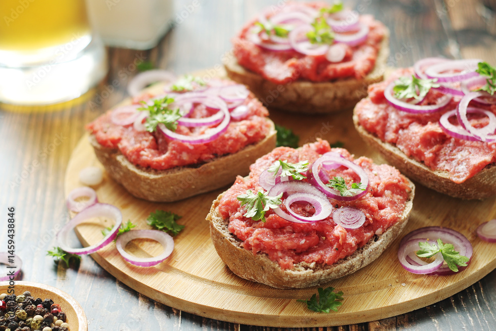Traditional German sandwiches with minced meat Mettbroetchen