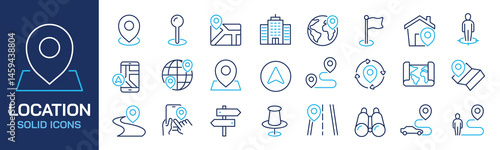 Set of collection line icons related location, navigation, map, GPS. Editable stroke. Perfect pixel on transparent background