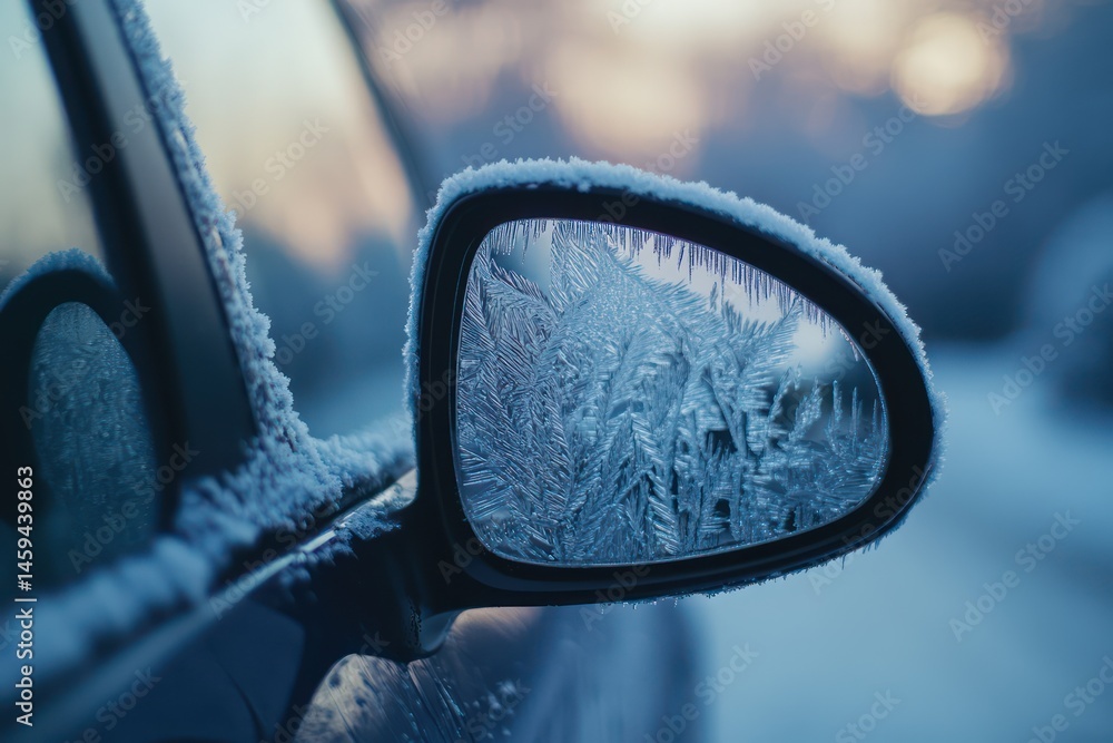 Frozen Car Window with Delicate Ice Crystals in Winter Frozen Car Window with Delicate Ice Crystals in Winter