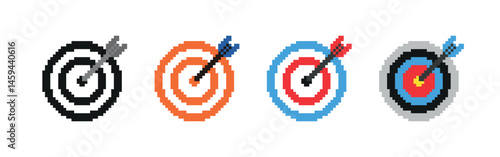 Pixel art illustration of four colorful target boards with arrows hitting the bullseye, symbolizing accuracy and success.