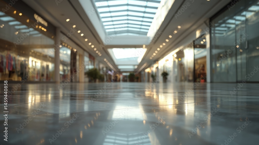 Fototapeta premium Empty shopping mall corridor with modern design, bathed in soft natural light. Minimalist urban space evoking tranquility and solitude. 