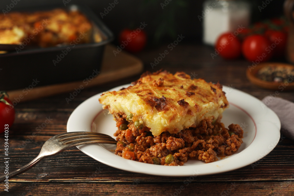 A shepherd's pie, freshly backed and ready to be served. Traditional English dish