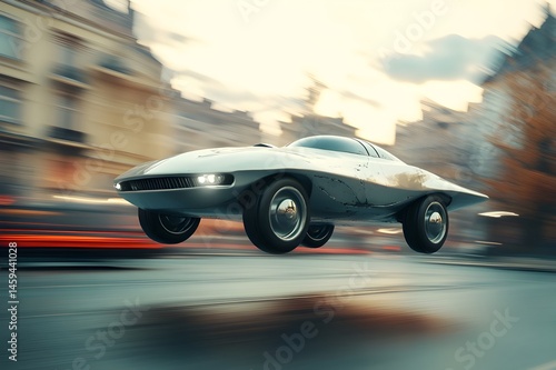 Futuristic retro car without wheels, flying over the streets and highways, very cool atmosphere and retro feeling