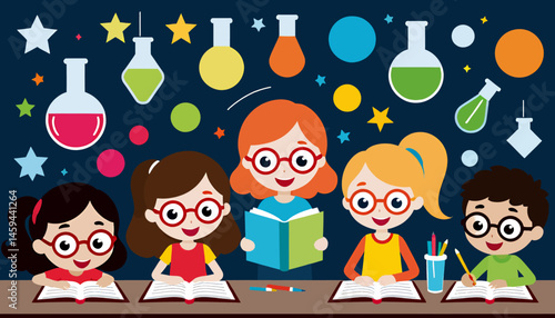 Kids_in_Science_Classroom_Illustration_of_Students_Learning_Science_with_Colorful_Flasks_Stars_and_Enthusiastic_Children_in_Round_Glasses
