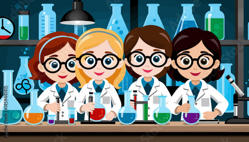 Cartoon_Scientists_Working_in_Laboratory_Illustration_of_Girls_in_White_Coats_Doing_Experiments_with_Colorful_Chemicals_and_Equipment