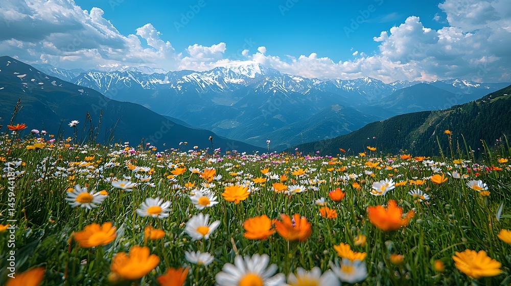 Fototapeta premium Vibrant wildflower field with white daisies and orange blooms against snow-capped mountain range