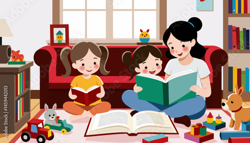 A_Mother_Reads_to_Her_Two_Daughters_in_a_Room_Filled_with_Books_and_Toys_Creating_a_Cozy_and_Educational_Environment_for_Children_s_Development_and_Learning