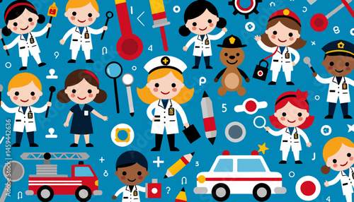 Cute Cartoon Professionals Pattern_Doctors_Nurses_Police Officers_and Firefighters on a Blue Background_Illustrating Community Helpers for Kids