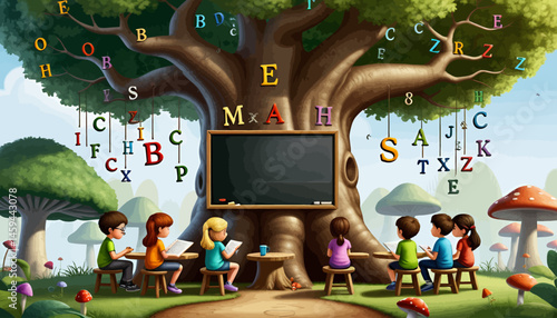 Back to School Kids Studying Under Alphabet Tree_Educational Illustration_Children Learning_Magical Classroom_Fantasy Learning Environment