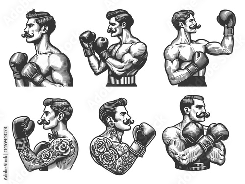 boxers with mustaches and gloves Set collection bundle sketch engraving generative ai vector illustration. Scratch board imitation. Black and white image.