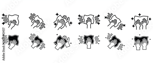 Flat icon set of Cleaning cloth. Detailed vector icon set featuring various movements of equipment. Cleaning cloth symbol. Household appliances sign. Vector illustration on transparent background.