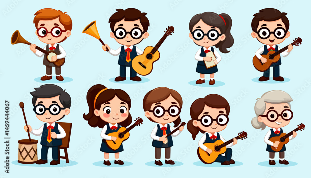 Cartoon Orchestra_Cute Children Playing Musical Instruments_Banjo_Guitar_Trumpet_Drum_Illustration for Kids_Music Education_School Concert_Childhood_Happy Musicians Cartoon Orchestra_Cute Children Playing Musical Instruments_Banjo_Guitar_Trumpet_Drum_Illustration for Kids_Music Education_School Concert_Childhood_Happy Musicians