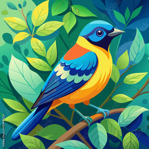 Wallpaper Mural Vibrant Yellow and Blue Bird Perched on Branch Amid Lush Green Foliage Torontodigital.ca