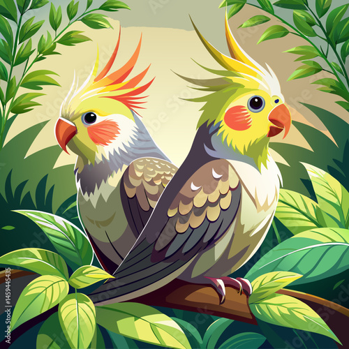Two Cockatiels Perched on a Branch in Lush Tropical Foliage