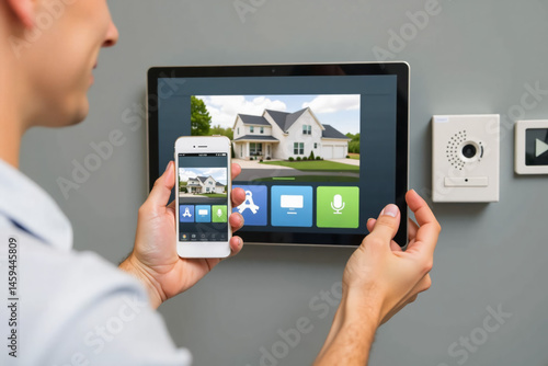 Man Confidently Interacting with Smart Home Security System using Phone and Tablet for Home Automation