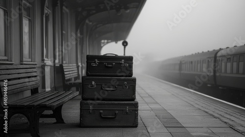Misty 1930s Train Station Platform with Vintage Suitcases in Monochrome Aesthetic