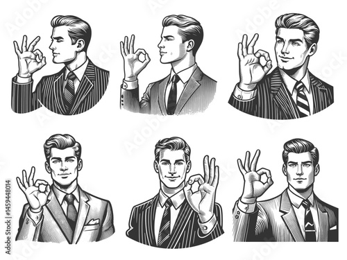 businessmen in suits making the OK hand sign Set collection bundle sketch engraving generative ai vector illustration. Scratch board imitation. Black and white image.