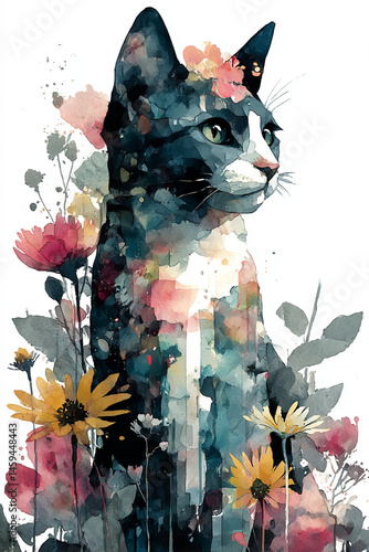 a watercolor painting cat with surrounded by colorful wildflowers, white background, vector illustration