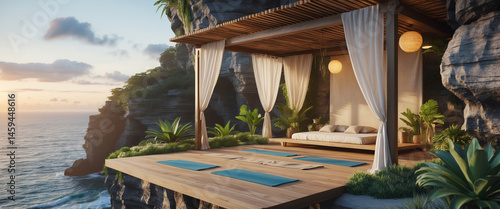 Yoga retreat platform over ocean cliff with bed and aesthetic nature setting