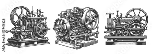 industrial engines and machinery Set collection bundle sketch engraving generative ai vector illustration. Scratch board imitation. Black and white image.
