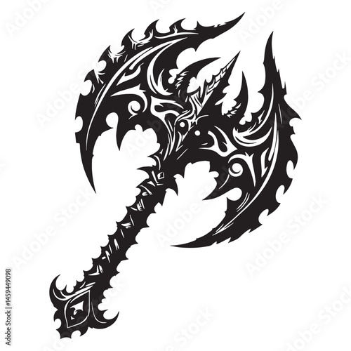 Terrifying Demonic Axe silhouette, sharp and lethal – Demonic Axe illustration – Minimalist Demonic Axe vector – Weapon silhouette

