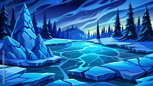 Winter scene of a frozen lake with blue ice and dramatic cracks, set beneath a starry night sky and surrounded by pine-covered hills. Ideal for winter nature, wilderness, arctic travel vector
