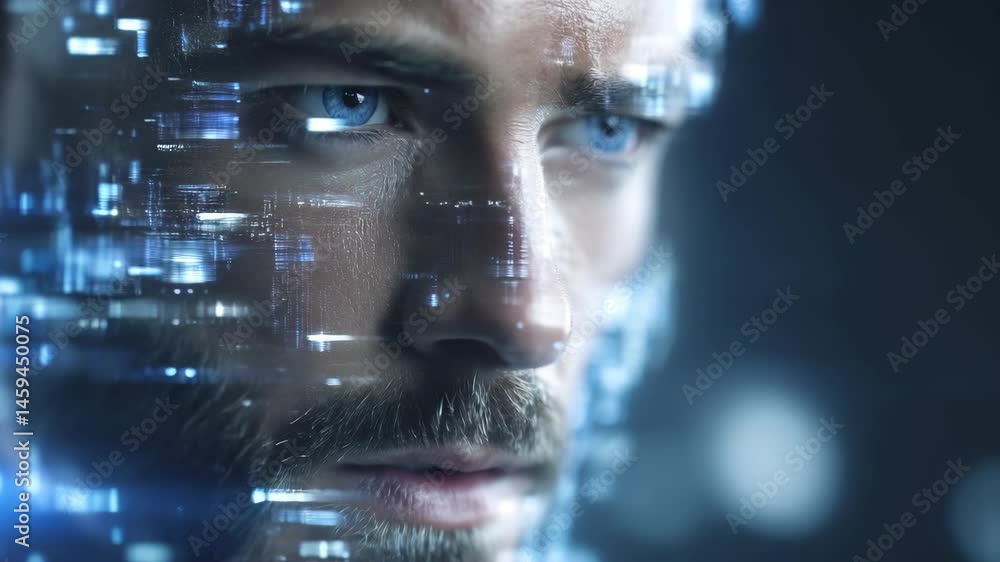 Man's Face with Digital Data Stream Overlay: Futuristic Technology and AI Concept Man's Face with Digital Data Stream Overlay: Futuristic Technology and AI Concept