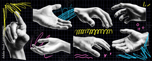 Set of halftone collage hands, gesture as a holding something. Doodle lines. Zine dada style. Pop art banner with grid bg. Trendy elements.