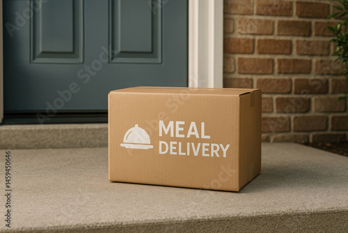 Cardboard meal delivery box with food tray icon on doorstep of suburban house, contactless service during daytime