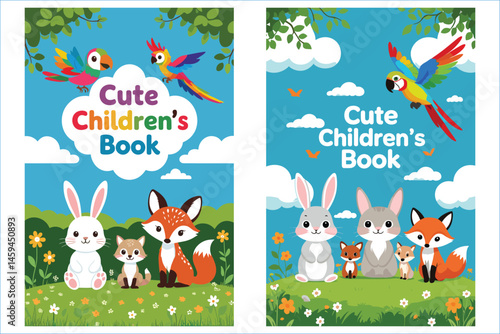 Cute Childrens Book Cover Design Set Featuring Animals Parrots Rabbits Foxes