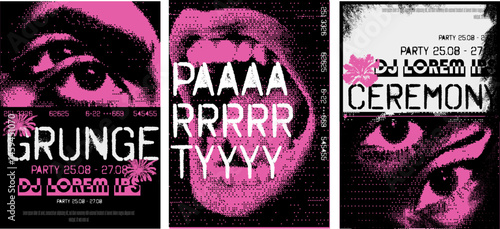 Kit of 3 flyers at the bitmap style. Acid pink colors with black and white. Sream mouth with eyes. Vector zine Poster collage templates