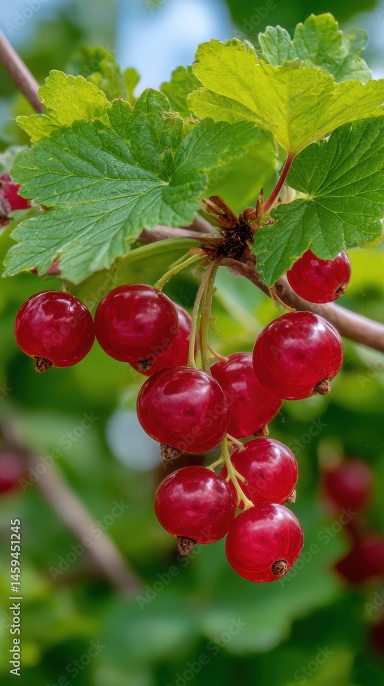 Close-up of ripe red currants on the branch with green leaves and stems, against blurred background Close-up of ripe red currants on the branch with green leaves and stems, against blurred background