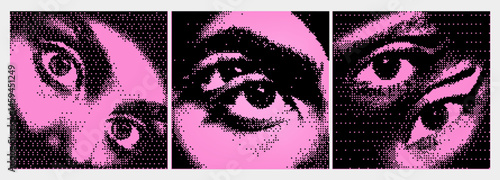 Kit of 3 square ig post template at the bitmap style. Acid pink colors with black and white. Psychodelic eyes. Vector zine Poster emo templates