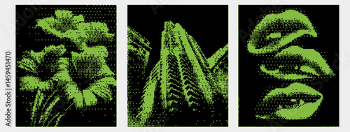 3 pixel backgrounds with bitmap style. Halftone dada zine. Dadaism template poster. Green acid elements. Vector retro y2k art