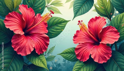 Wallpaper Mural Bold hibiscus & tropical leaves, vibrant color block print, exotic flowers, red Torontodigital.ca