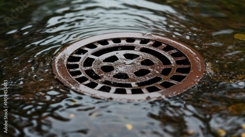 Circular metal drain cover in flowing water