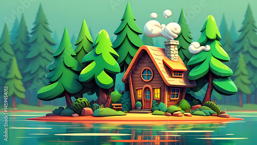Cozy cartoon cabin in forest by lake with smoke from chimney