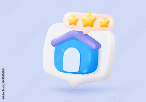 3D icon sign residence for personal loan with rating stars for best excellent services. Review for quality customer feedback from client employee. 3d mortgage housing icon vector render illustration